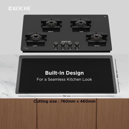 Köche 4-burner built-in gas hob with black glass finish and 760 mm by 460 mm cutting size for a seamless kitchen look