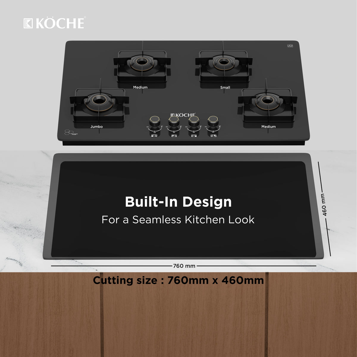 Köche 4-burner built-in gas hob with black glass finish and 760 mm by 460 mm cutting size for a seamless kitchen look