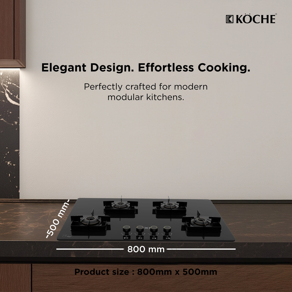 Köche 4-burner gas cooktop with black glass finish, 800 mm width and 500 mm depth, designed for modern modular kitchens