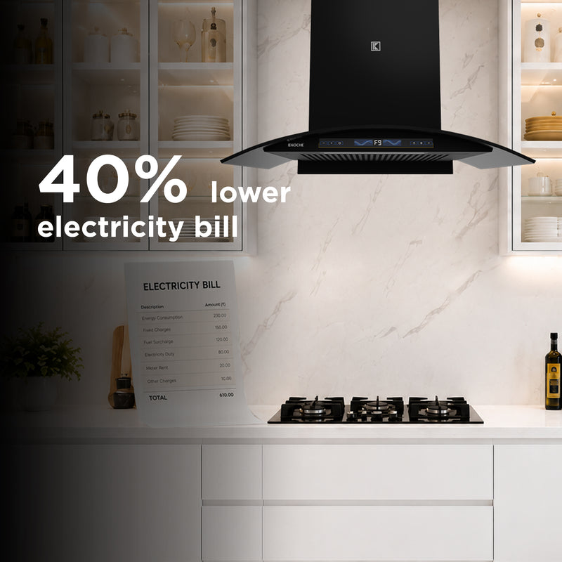   Enzo 75cm Ducted BLDC Chimney | 1450 CMH Powerful Suction | Auto Clean Köche Enzo75 chimney with 40% electricity bill saving feature. 