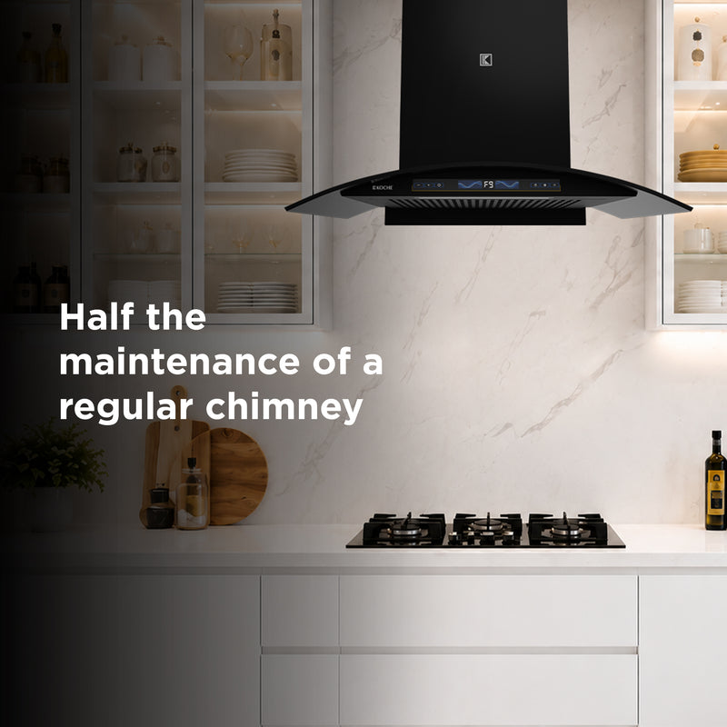   Enzo 75cm Ducted BLDC Chimney | 1450 CMH Powerful Suction | Auto Clean Köche Stark 75 chimney with easy maintenance feature for modern kitchens. 