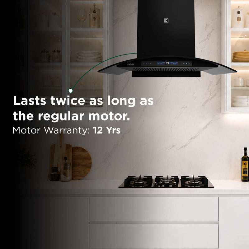   Enzo 75cm Ducted BLDC Chimney | 1450 CMH Powerful Suction | Auto Clean Köche Enzo 75 kitchen chimney with BLDC motor warranty 
