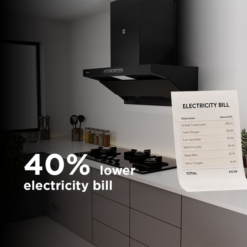   Bravo 90cm Ducted BLDC Chimney | 1650 CMH Multi-Suction | Auto Clean Köche Bravo 90 BLDC kitchen chimney with 40% lower electricity consumption. 