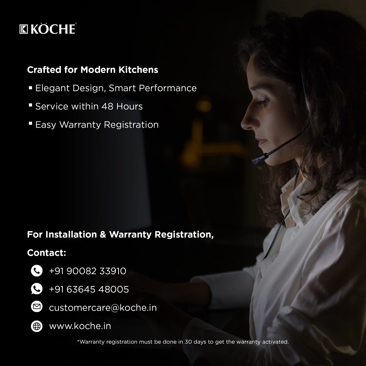 Köche customer care support for kitchen appliance installation and warranty registration with 48-hour service
