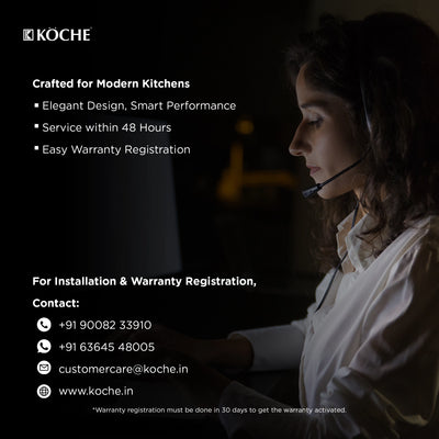 Köche customer care support for kitchen appliance installation and warranty registration with 48-hour service