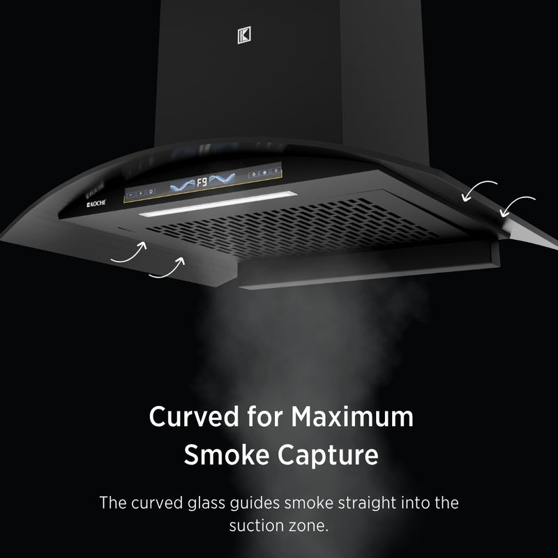   Enzo 60cm Ducted BLDC Chimney | 1450 CMH Powerful Suction | Auto Clean Köche Enzo 60 chimney with curved glass for maximum smoke capture. 