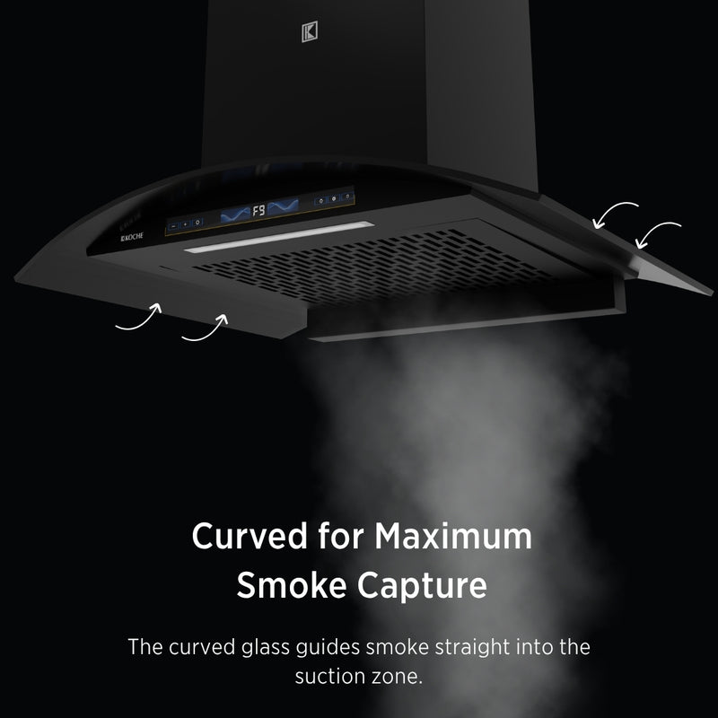   Enzo 75cm Ducted BLDC Chimney | 1450 CMH Powerful Suction | Auto Clean Köche Enzo 75 chimney with curved glass for maximum smoke capture. 