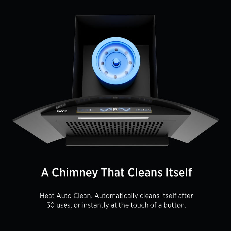   Enzo 75cm Ducted BLDC Chimney | 1450 CMH Powerful Suction | Auto Clean Köche Enzo 75 chimney with Smart Heat Auto Clean feature. 