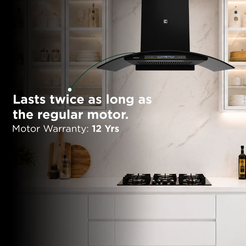   Enzo 90cm Ducted BLDC Chimney | 1450 CMH Powerful Suction | Auto Clean Köche Enzo 90 BLDC kitchen chimney with 12-year motor warranty. 