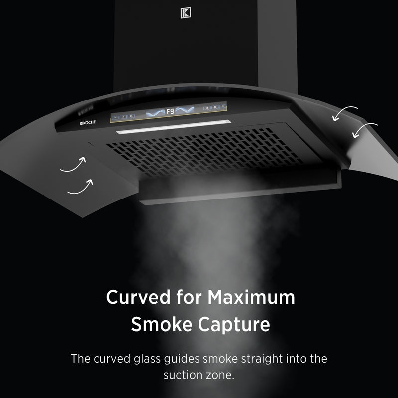   Enzo 90cm Ducted BLDC Chimney | 1450 CMH Powerful Suction | Auto Clean Köche Enzo 90 chimney with curved glass for maximum smoke capture. 