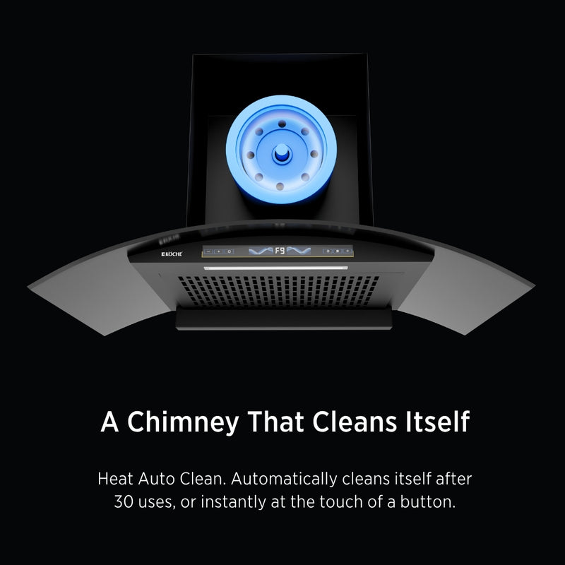   Enzo 90cm Ducted BLDC Chimney | 1450 CMH Powerful Suction | Auto Clean Köche Enzo 90 chimney with Smart Heat Auto Clean feature. 