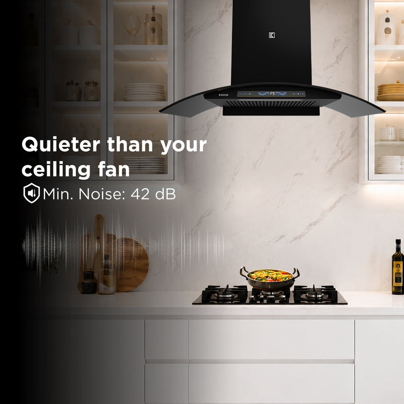   Enzo 90cm Ducted BLDC Chimney | 1450 CMH Powerful Suction | Auto Clean Köche Enzo 90 kitchen chimney with low noise operation and minimum noise level of 42 dB. 