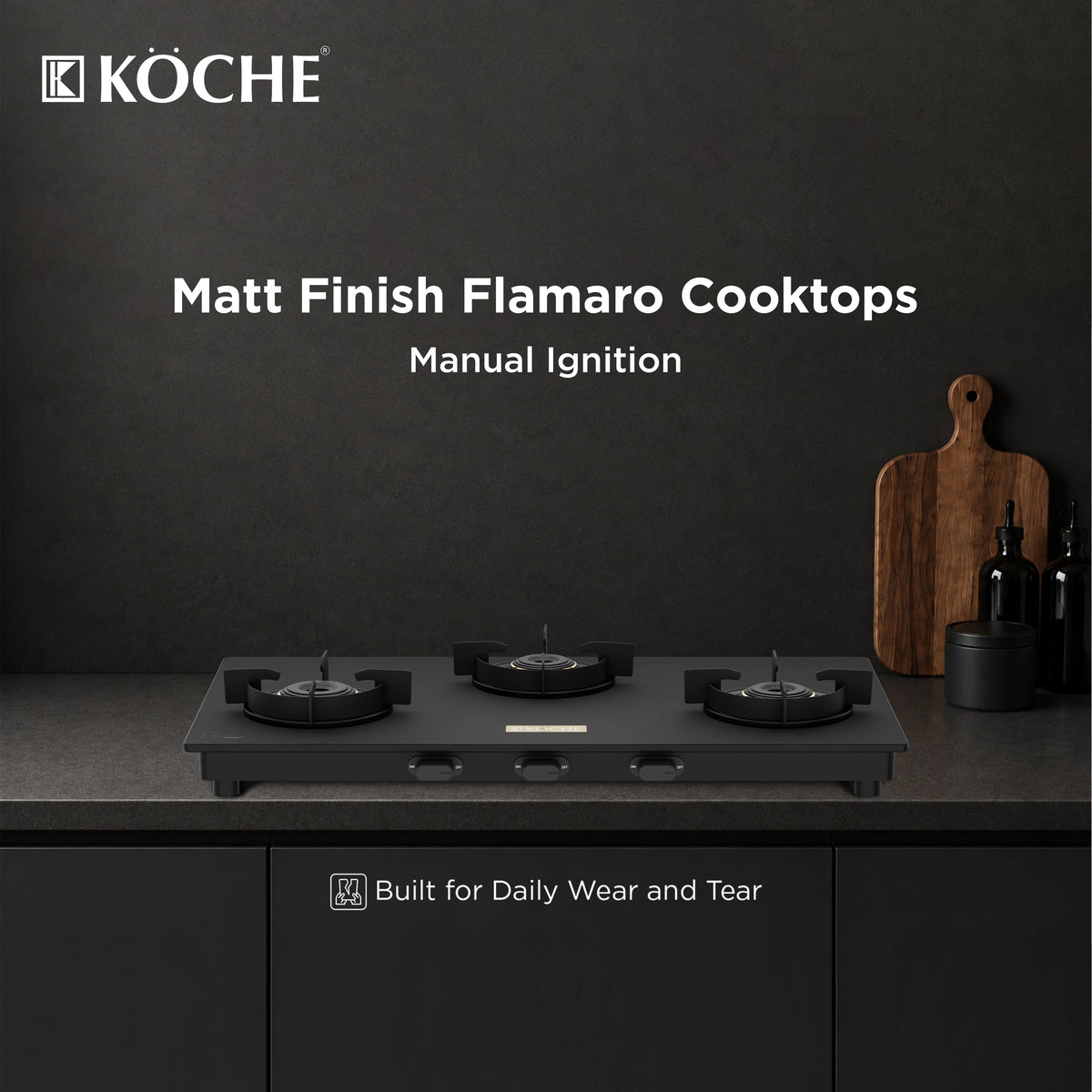 Köche Flamaro 3B Manual Ignition Matt Cooktop in a modern kitchen
