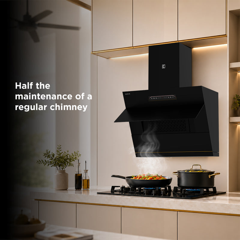   Laura 75cm Ducted BLDC Chimney | 1650 CMH Suction | Auto Clean Köche Laura 75 chimney in a modern kitchen. 