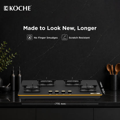 Köche Nova 4-burner gas hob with black glass surface and gold accent
