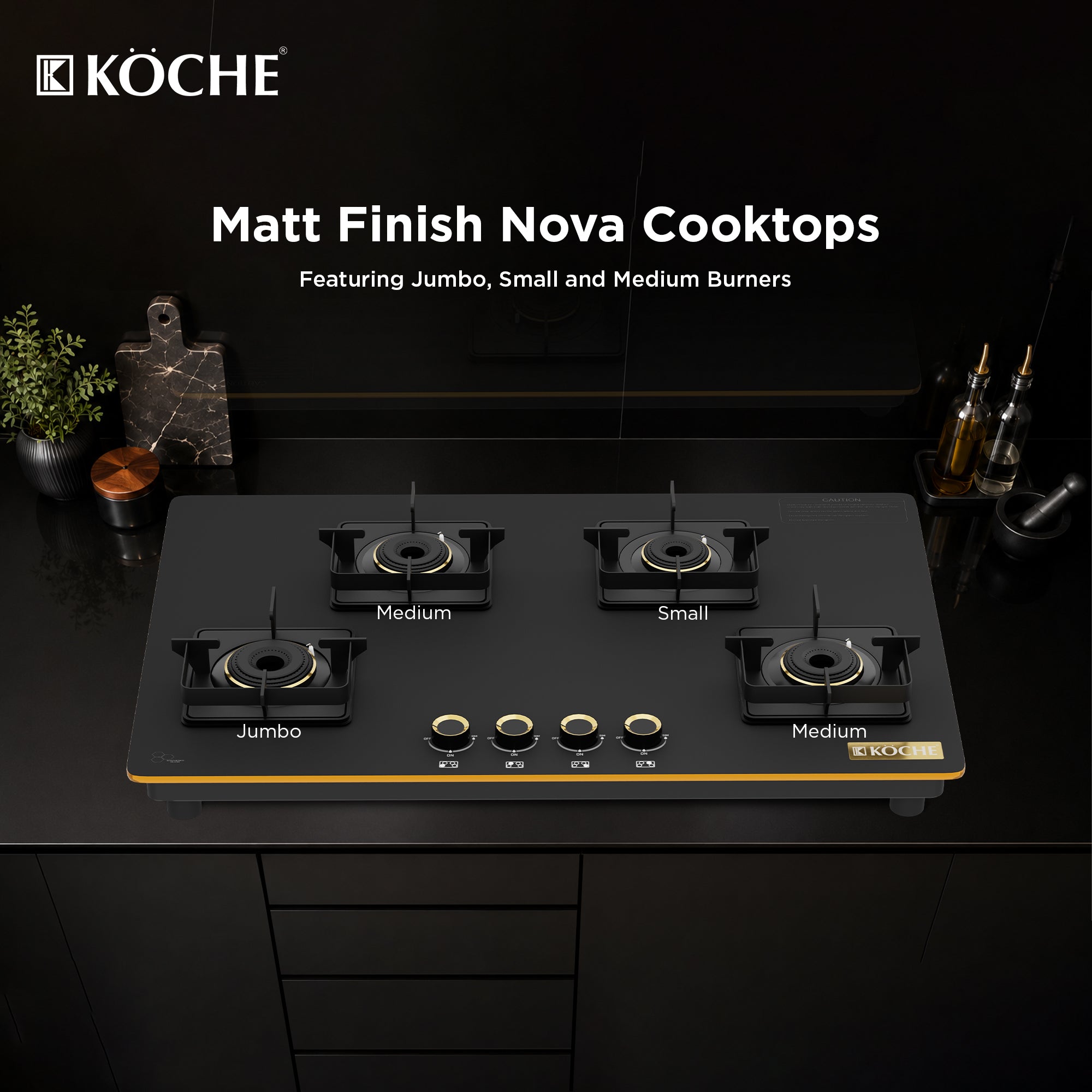 Köche Nova 4-burner gas hob with matte finish and jumbo, small and medium burners