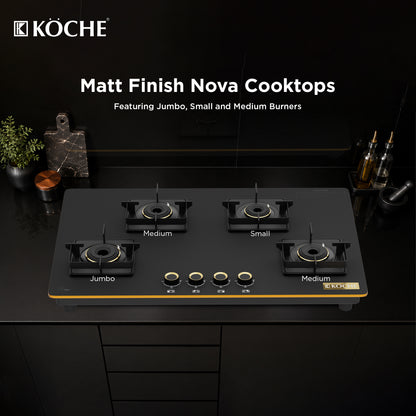 Köche Nova 4-burner gas hob with matte finish and jumbo, small and medium burners