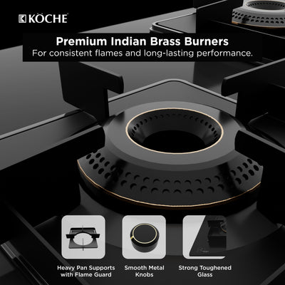Köche premium Indian brass burner with heavy pan supports, smooth metal knobs and toughened glass for consistent, long-lasting performance