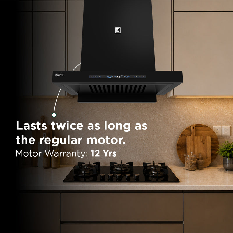   Stark 60cm Ducted BLDC Chimney | 1500 CMH Suction | Auto Clean Köche Stark 60 kitchen chimney with 12-year motor warranty for powerful and reliable performance. 