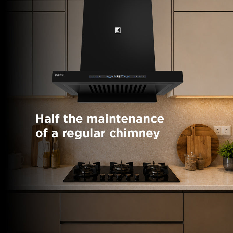   Stark 60cm Ducted BLDC Chimney | 1500 CMH Suction | Auto Clean Köche Stark 60 BLDC kitchen chimney requires up to 50% lower maintenance compared to regular chimneys. 