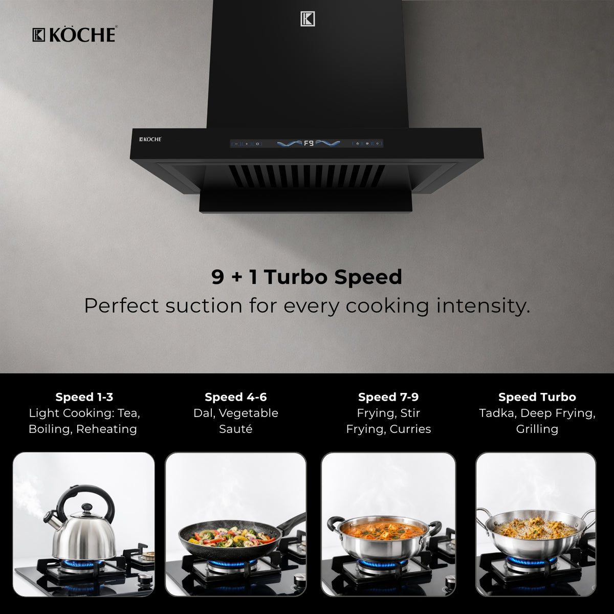 Köche Stark 60cm kitchen chimney with 9+1 turbo speed