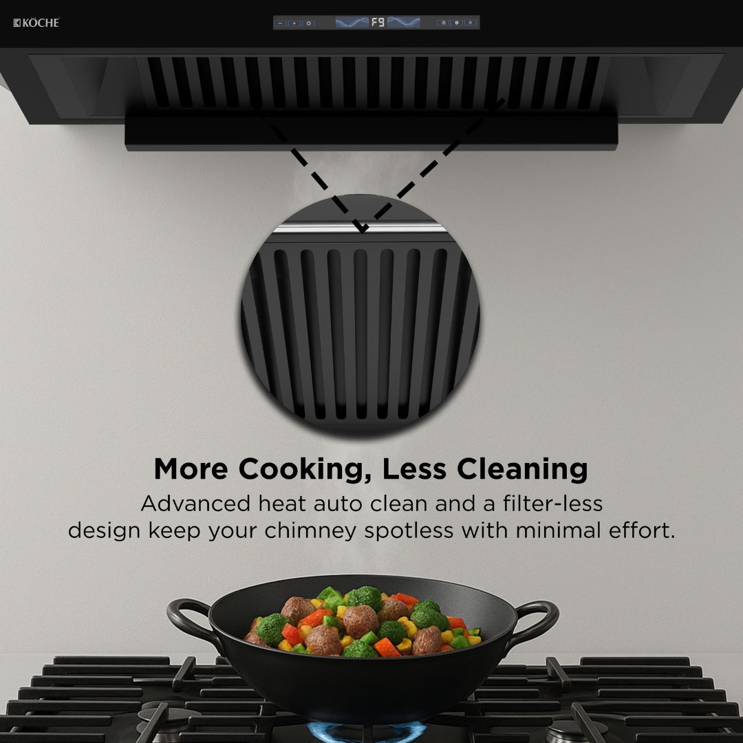 Köche Stark 75 filterless BLDC kitchen chimney with low-maintenance design for smoke-free cooking