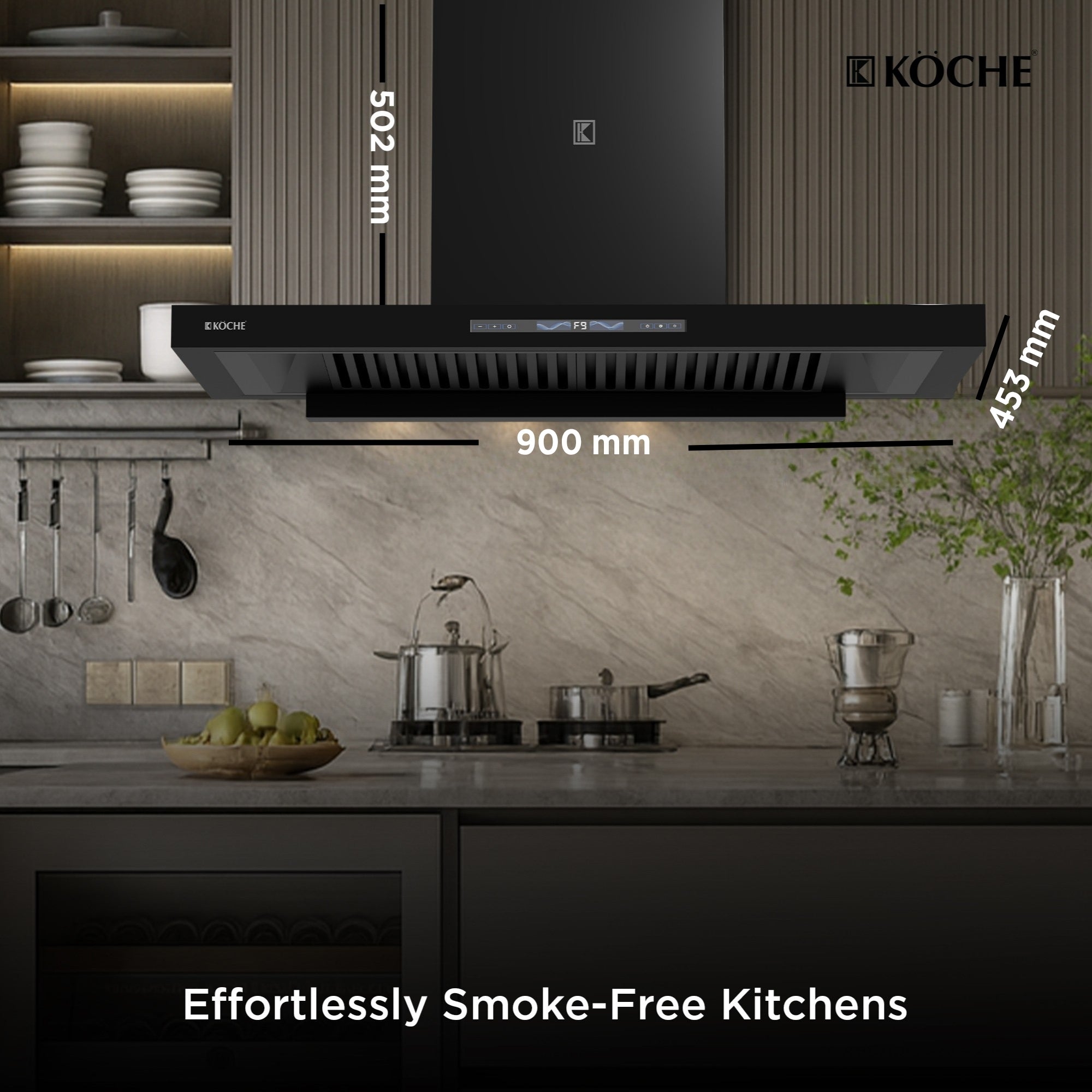 Koché Stark 90 chimney with 900 mm width, 502 mm height and 453 mm depth