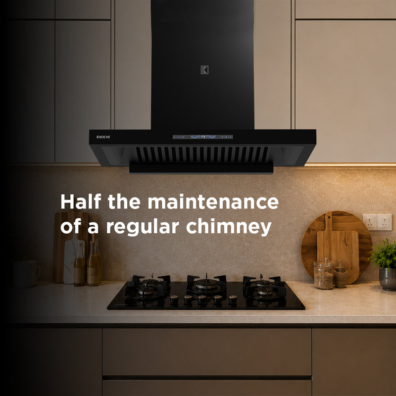   Stark 90cm Ducted BLDC Chimney | 1500 CMH Suction | Auto Clean Köche Stark 90 kitchen chimney with low maintenance and easy cleaning 
