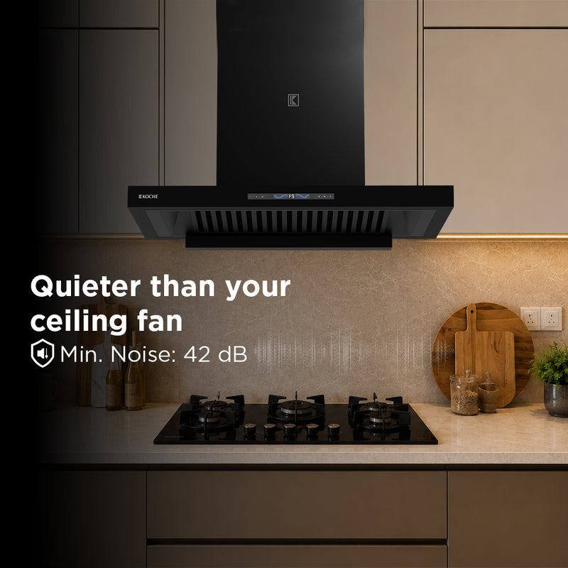   Stark 90cm Ducted BLDC Chimney | 1500 CMH Suction | Auto Clean Köche Stark 90 kitchen chimney with low noise operation at 42 dB. 
