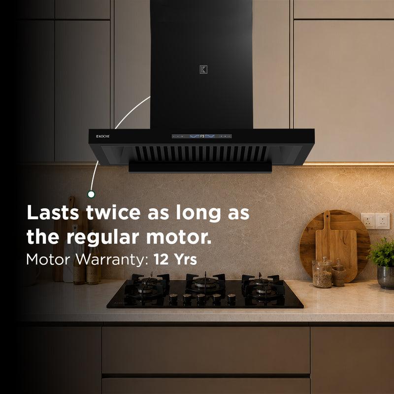   Stark 90cm Ducted BLDC Chimney | 1500 CMH Suction | Auto Clean Köche Stark 90 kitchen chimney with 12 year motor warranty 