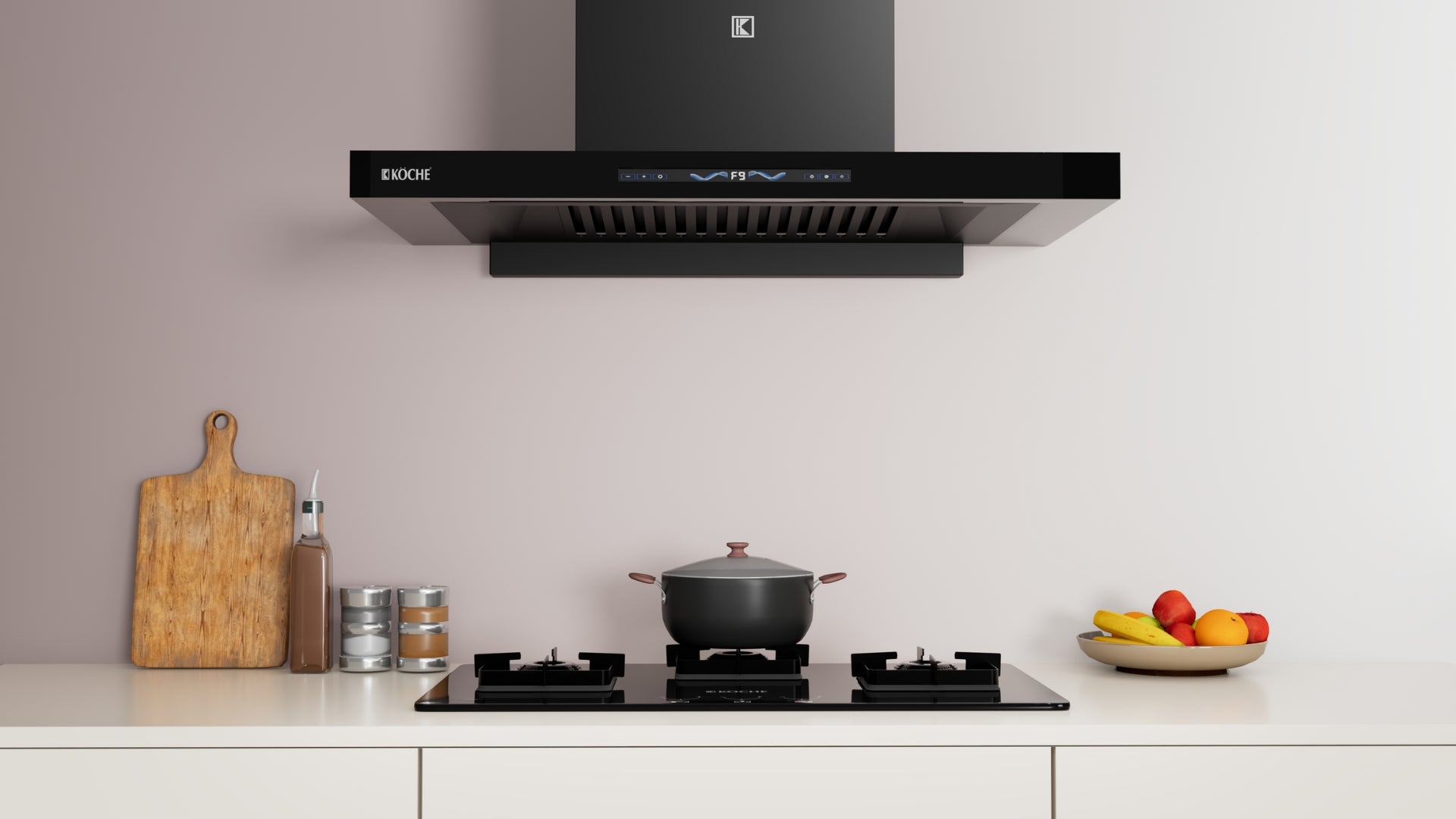 Köche Stark BLDC kitchen chimney installed in modern white kitchen