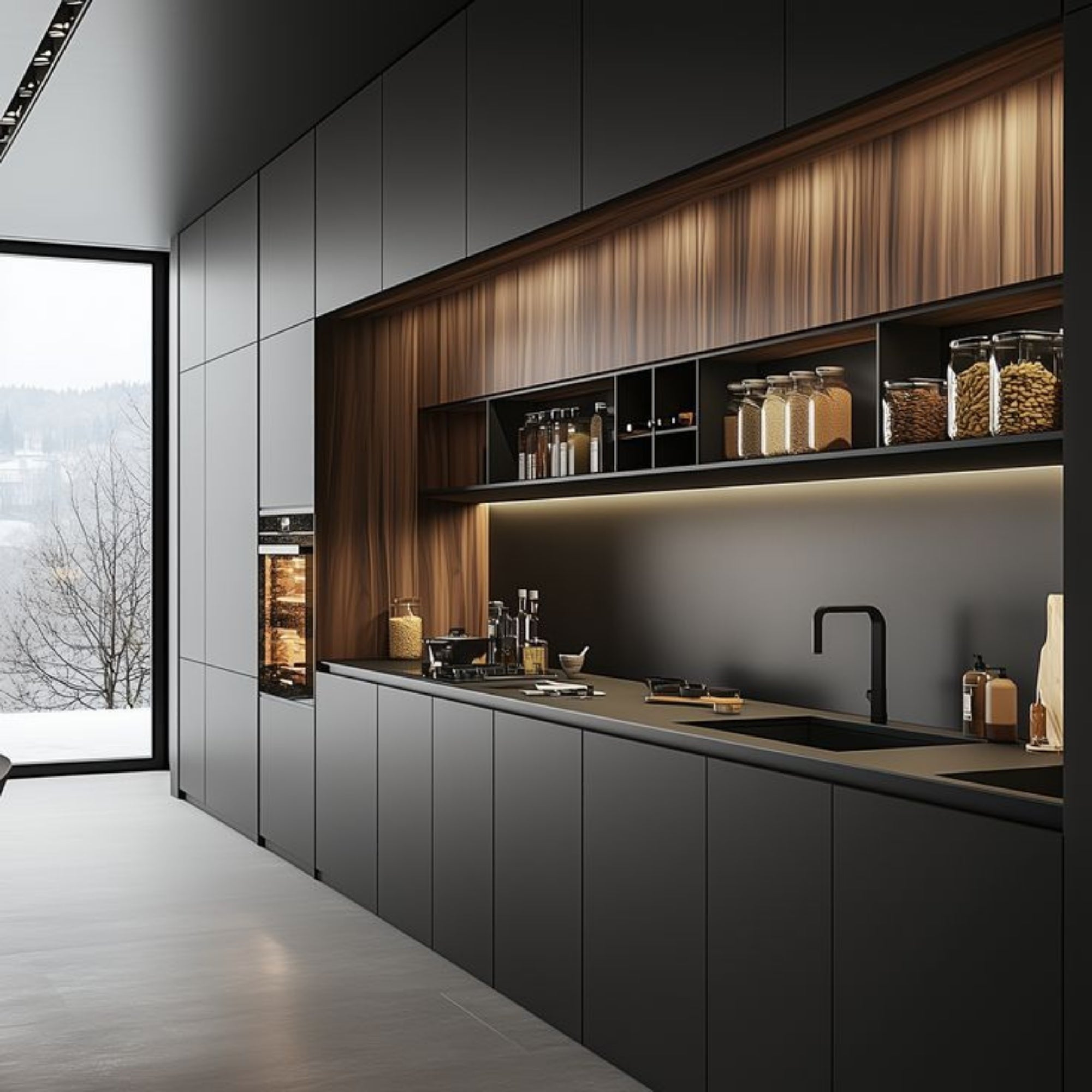 Modern modular kitchen with dark cabinets and wooden shelves