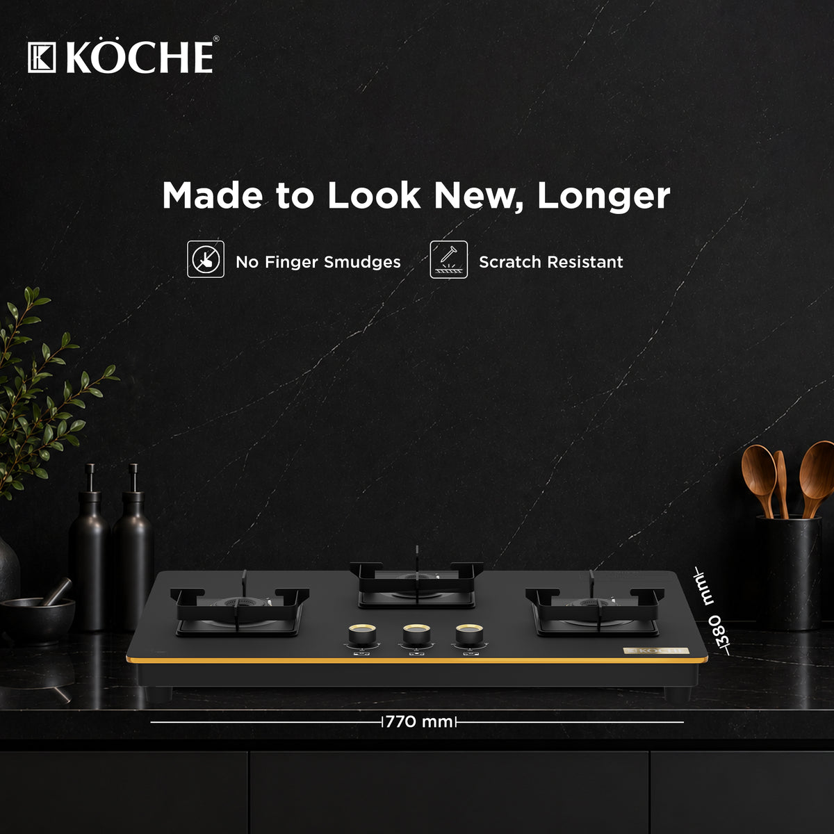 Köche Nova 3-burner gas hob with scratch-resistant surface and fingerprint-resistant finish