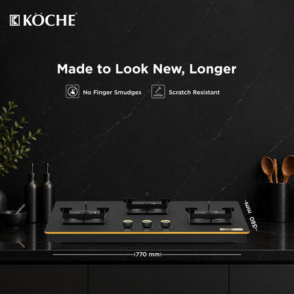 Köche Nova 3-burner gas hob with scratch-resistant surface and fingerprint-resistant finish