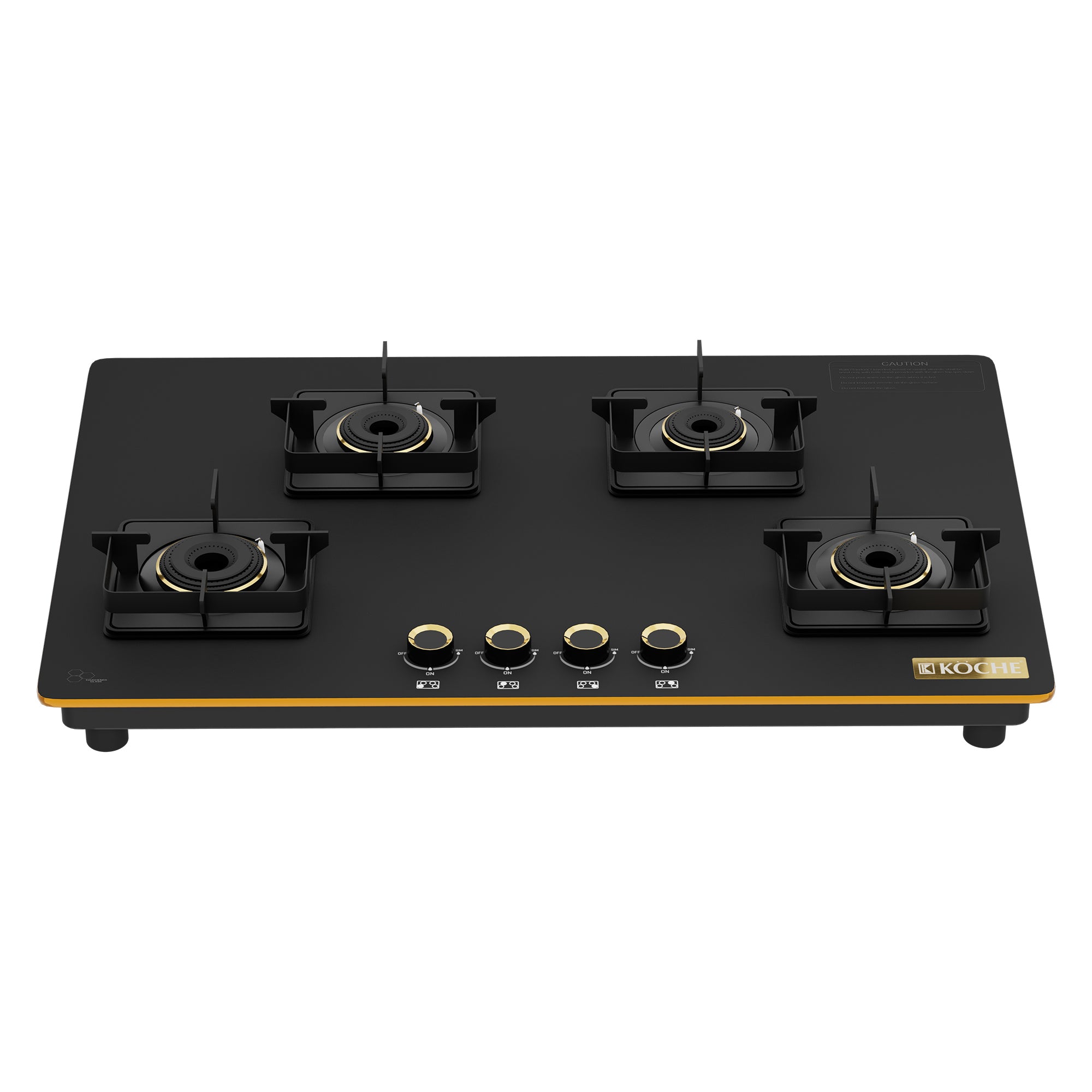 Köche Nova 4-burner gas hob with black glass surface and gold-accented knobs