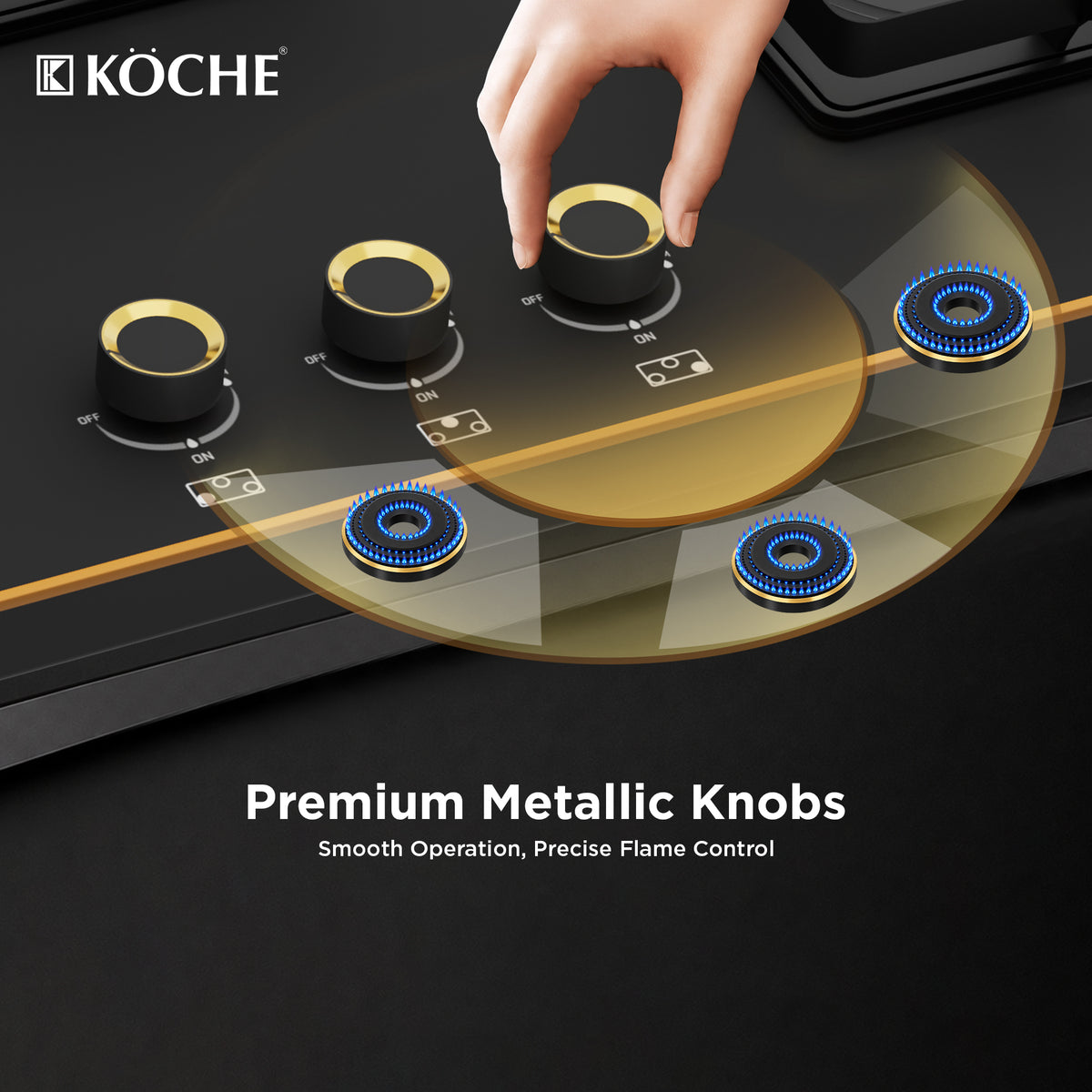 Köche Nova gas hob with premium metallic control knobs